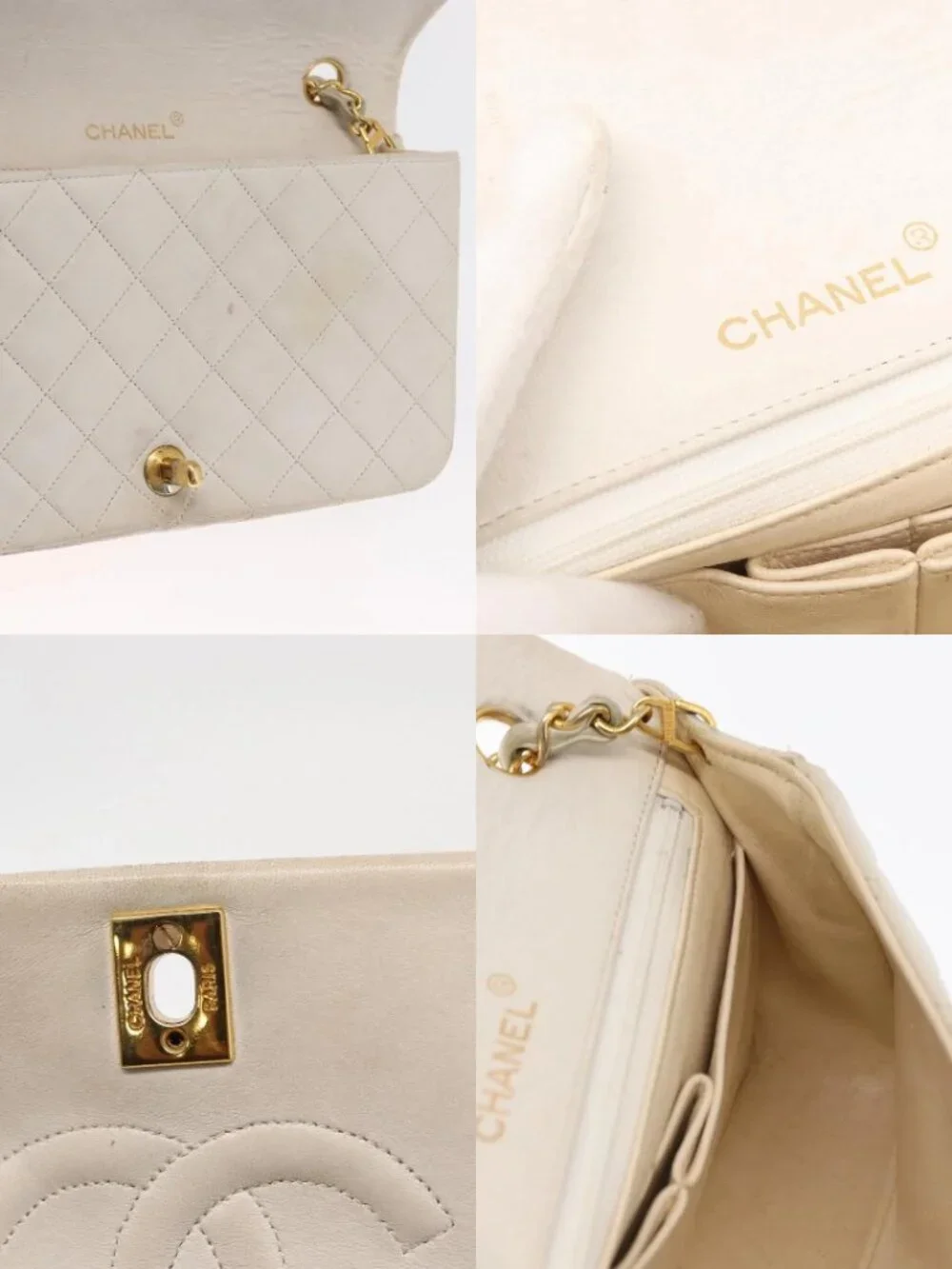 CHANEL Matelasse Turn Lock Chain Bag Lamb Skin White Gold CC Auth am10500
